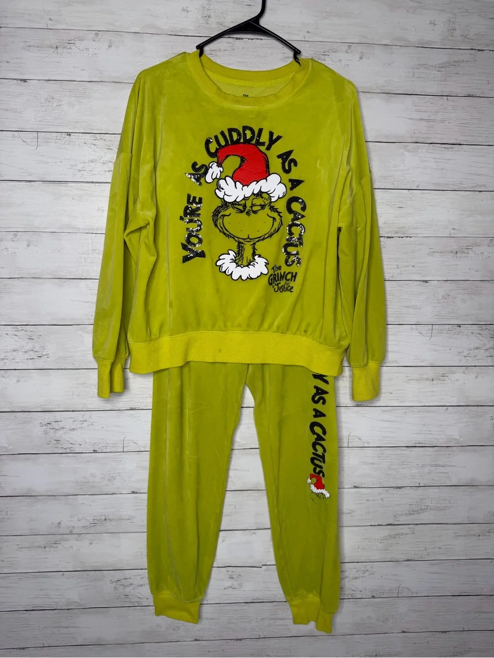The Grinch x Justice Velour Velvet Pajama Loungewear Set Christmas Sequins XL